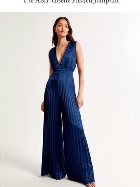 Abercrombie & Fitch Navy Pleated Deep V-Neck Jumpsuit